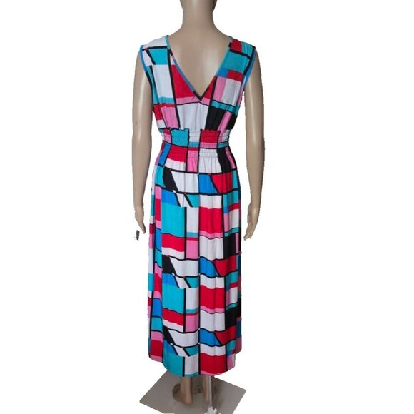 Julia Maxi Dress multicolor V Neck smocked waist sleeveless Silk Blend size M/L - Picture 3 of 8